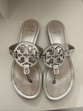 Tory Burch Metallic Silver Logo Thong Sandals